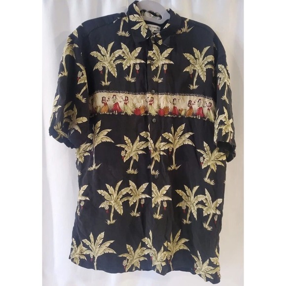 Pierre Cardin‎ Medium Button Up Hawaiian Shirt Collared Black Korea Hula Palm - Picture 15 of 16